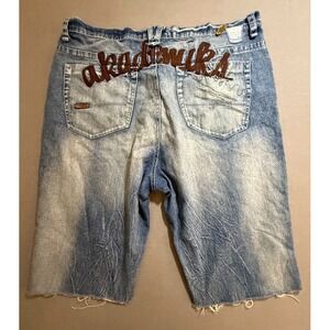 Akademiks Cut Off‎ Shorts Mens 42 Blue Denim Embroidered Pocketed Button Men.